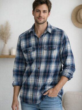 Faded Glory Blue Plaid Flannel Button Up Shirt Large 42-44